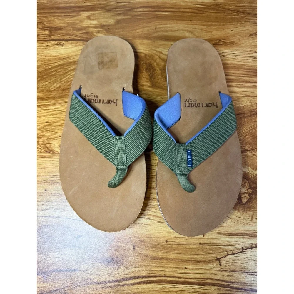 Hari Mari Fields Men's Flip Flops Green Tan Leather Footbed Sandals Size 8